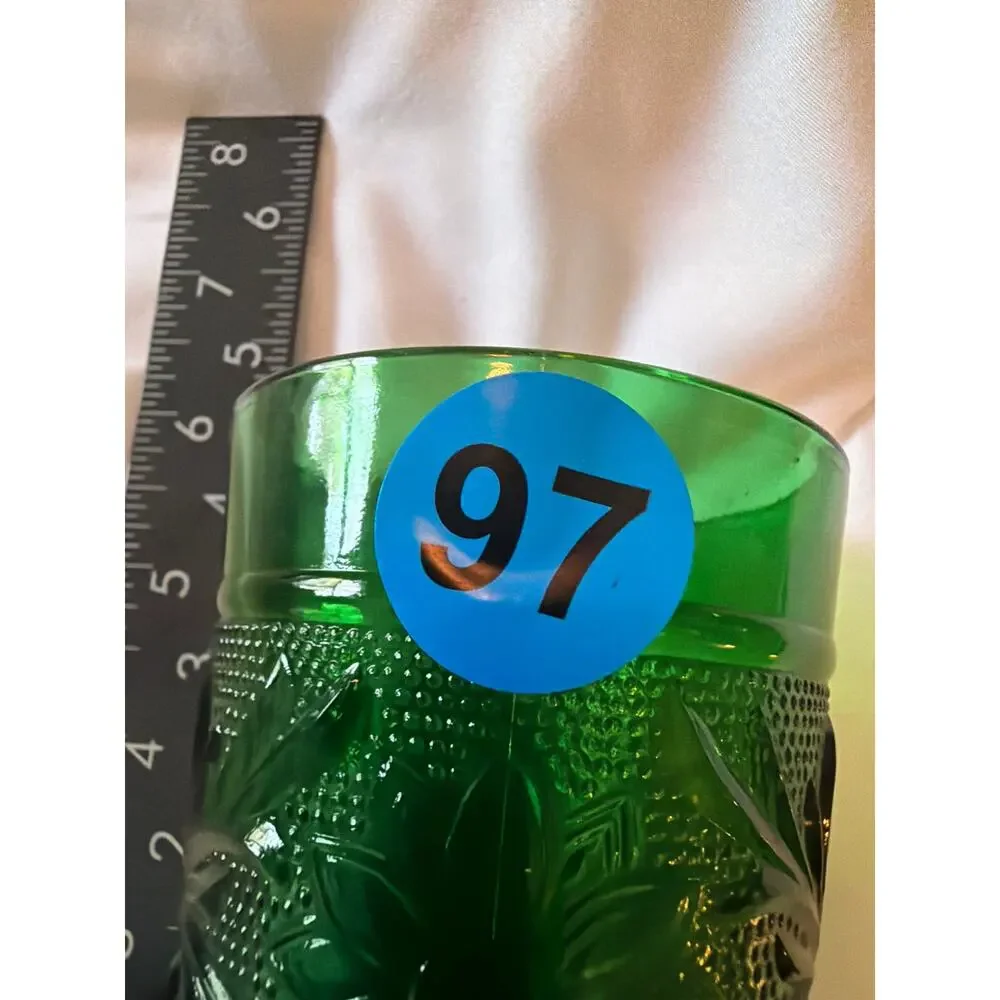 Vintage Emerald Green Pressed Glass Tumbler Floral Scroll Pattern Drinking Glass